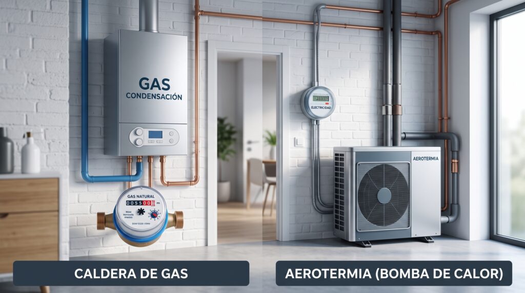 Comparativa entre caldera de condensación a gas y bomba de calor de aerotermia en vivienda residencial