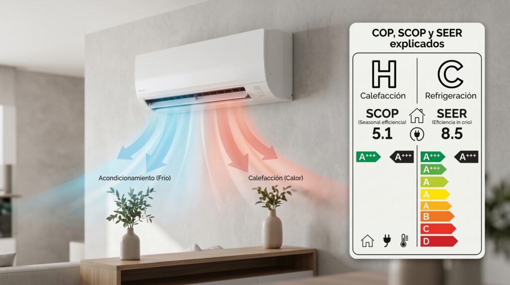 Etiqueta energética europea de bomba de calor split indicando índices SEER de refrigeración y SCOP de calefacción